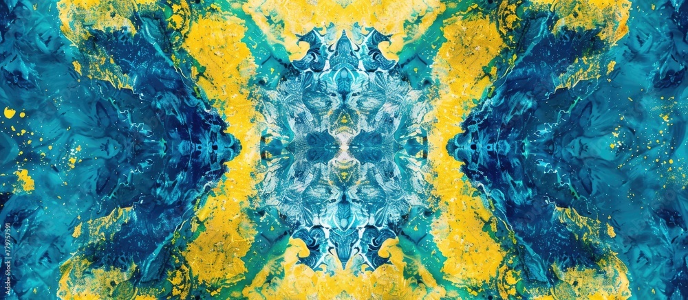 Canvas Prints Organisminspired art featuring a kaleidoscope effect with a blue and yellow tie dye pattern resembling a terrestrial plant on grass, creating symmetry in circles of electric blue