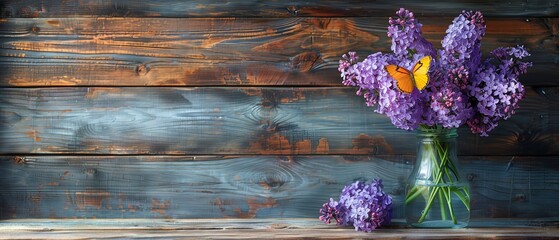 On the wooden wall background, two yellow butterflies fly in a glass vase of lilac flowers with an area for your decoration.