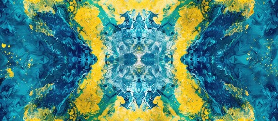 Organisminspired art featuring a kaleidoscope effect with a blue and yellow tie dye pattern resembling a terrestrial plant on grass, creating symmetry in circles of electric blue - obrazy, fototapety, plakaty