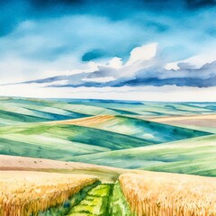 Namalowany krajobraz pola zbóż - 779757703