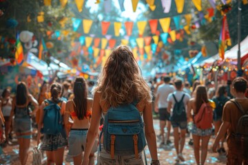 Rear view girl visit and has fun on summer festival, fair, and outdoor events with vibrant colors and joyful crowds - obrazy, fototapety, plakaty