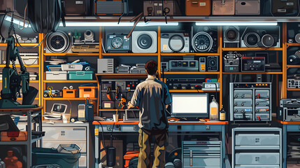 Technician in an electronics repair shop surrounded by various equipment. Workplace organization and technical service concept in a detailed, realistic style