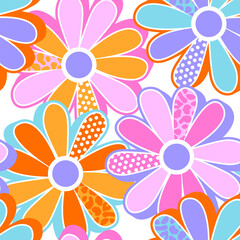 Abstract seamless pattern with colourful  flowers. Bright texture background. Wallpaper  Pop art  retro style.