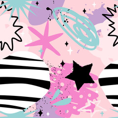 Abstract seamless chaotic pattern with hand drawing elements, stars, scuffed and sprays. Fashion wallpaper 