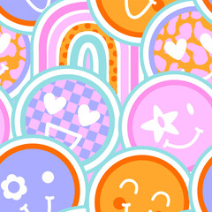 Seamless pattern with emotions faces and rainbow. Fashion print for little kids girl. Cute retro groovy background