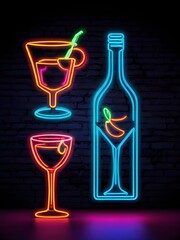 Cocktail neon icons - sign. Modern trend design, night light signboard, emblems, design template. Vector Illustration