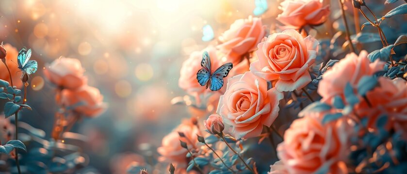 A mysterious fairytale spring or summer fantasy floral banner with blooming roses, a peacock's eye and blue butterflies on a blurred beautiful background with soft pastel colors and sun rays.