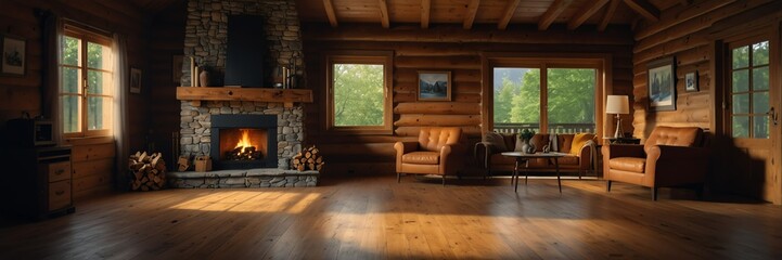Fototapeta na wymiar log cabin theme empty living room home interior with wooden floor, fireplace and adequate lighting panoramic wide angle from Generative AI