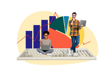Composite trend artwork sketch image photo collage of two colleagues work together in office on huge keyboard old computer stats behind