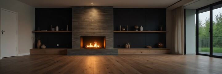 minimalist theme empty living room home interior with wooden floor, fireplace and adequate lighting panoramic wide angle from Generative AI - obrazy, fototapety, plakaty