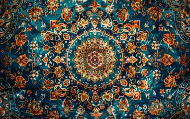 An exquisite Persian rug showcasing an intricately woven, symmetrical floral pattern in a rich, jewel-toned color palette of blues, oranges, and reds.