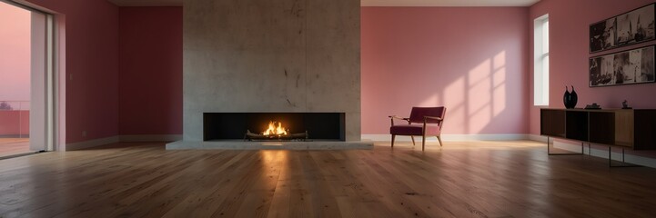 pink theme empty living room home interior with wooden floor, fireplace and adequate lighting panoramic wide angle from Generative AI