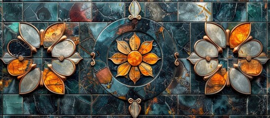 A detailed closeup of a stained glass window featuring vibrant flowers, showcasing the beauty of floral patterns in creative arts - obrazy, fototapety, plakaty