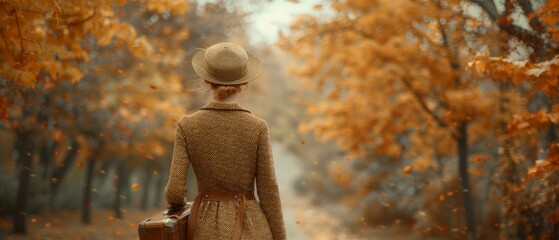 A redhead lady woman wearing a polka dot dress and hat walking away along a park road with golden yellow autumnal trees.