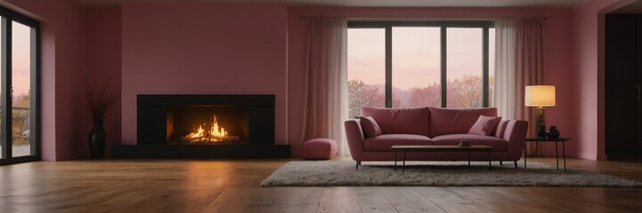 pink theme empty living room home interior with wooden floor, fireplace and adequate lighting panoramic wide angle from Generative AI