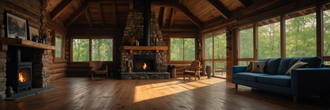 log cabin theme empty living room home interior with wooden floor, fireplace and adequate lighting panoramic wide angle from Generative AI