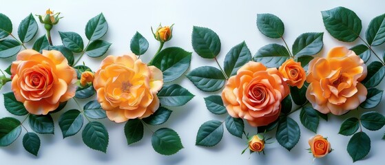 On a white background, a beautiful banner of yellow roses and green leaves is displayed