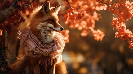 Picture a fashionable fox in a faux fur stole, accessorized with pearl earrings and a velvet choker. Against a backdrop of autumn leaves, it exudes woodland elegance and timeless style. Mood: refined  - obrazy, fototapety, plakaty