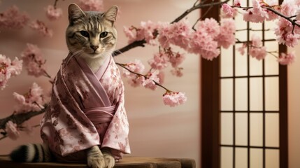 Picture a sophisticated leopard in a silk kimono, adorned with cherry blossom motifs and a golden obi belt. Against a backdrop of Japanese gardens, it exudes Oriental elegance and cultural richness - obrazy, fototapety, plakaty