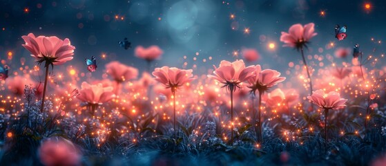 Beautiful fantasy banner background with a magical night sky, starry sky, heavenly clouds, and romantic rose garden with fly-by peacock-eye butterflies. A tender, idyllic scene.
