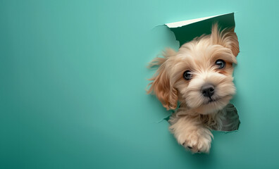cute white fluffy puppy through hole in plain blue colour paper card wall with text space