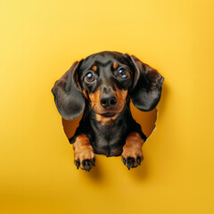 cute puppy through hole in plain yellow colour paper card wall