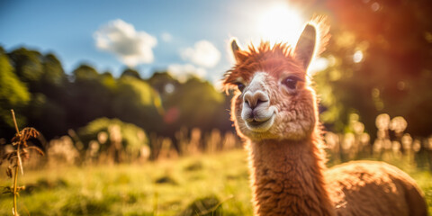 Fototapeta premium Curious Alpaca Enjoying the Warmth of Sunlight in Pasture
