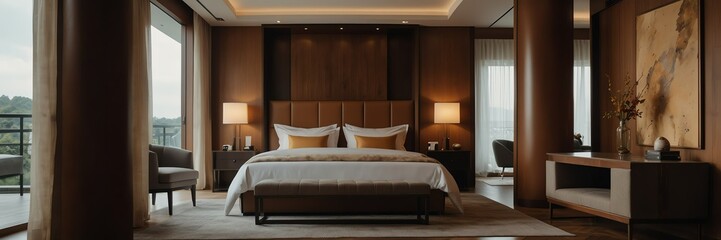 amber brown theme luxury hotel bedroom modern interior with columns wide angle panoramic from Generative AI