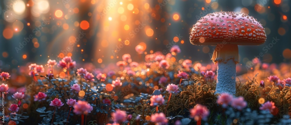 Poster Fantastic fairytale large mushroom in an enchanted forest, blooming pink rose flower garden and a shiny glowing sun ray in the morning on a blurred mysterious background.