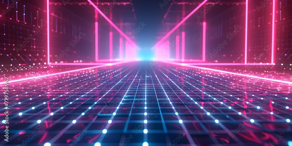 Poster glowing neon grid lines transporting viewers to a retro futuristic dimensional realm with copy space