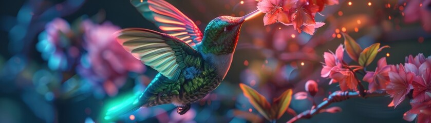 A hummingbird with wings that emit pulsating neon light