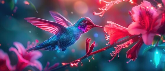 A hummingbird feeding from a neon flower - obrazy, fototapety, plakaty