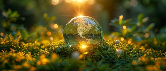 Card for World Earth Day. Crystal glass globe ball on fresh juicy green grass lawn background. Saving the environment, saving the clean green planet, ecology concept. Ray of sunlight illuminates the