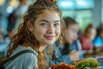Smiling Teenage Girl Enjoying a Healthy Meal in School Cafeteria
