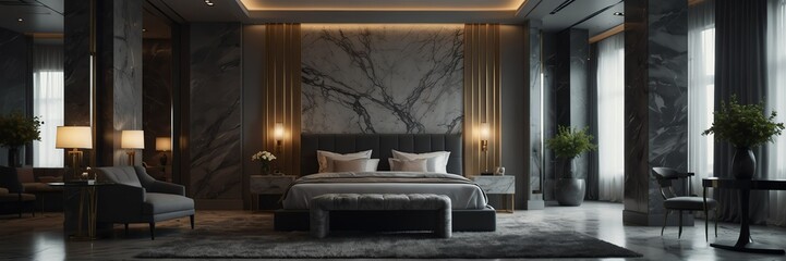 gray marble theme luxury hotel bedroom modern interior with columns wide angle panoramic from Generative AI