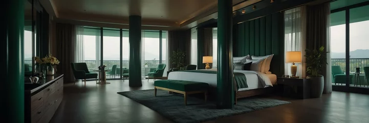 Deurstickers green theme luxury hotel bedroom modern interior with columns wide angle panoramic from Generative AI © Arceli
