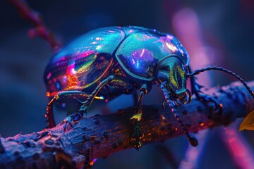 A neon-bright beetle crawling on a branch