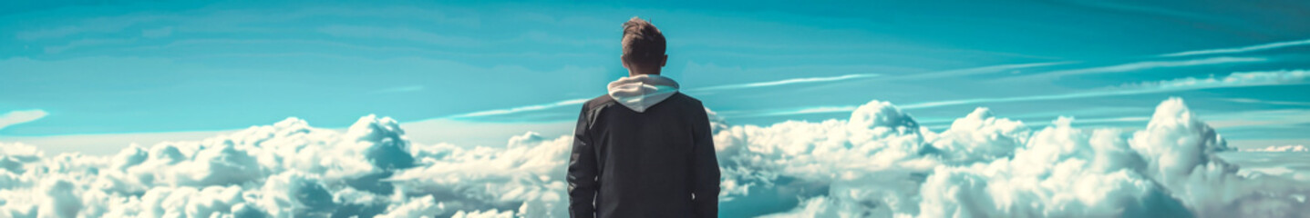 Fototapeta premium Man Contemplating Above the Clouds: Visions of Ambition and Freedom