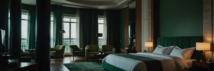 green theme luxury hotel bedroom modern interior with columns wide angle panoramic from Generative AI
