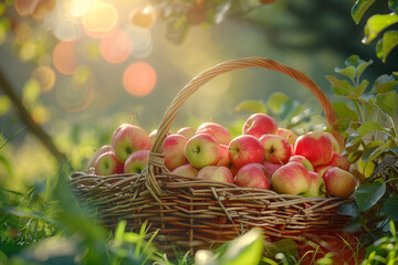 Autumn Harvest: Ripe Apples in a Wicker Basket Amidst Sunlit Orchard