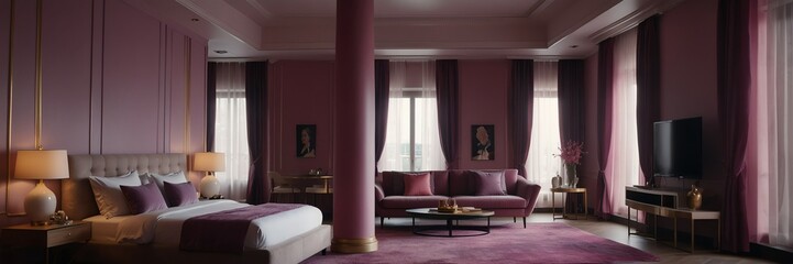pink and purple theme luxury hotel bedroom modern interior with columns wide angle panoramic from Generative AI