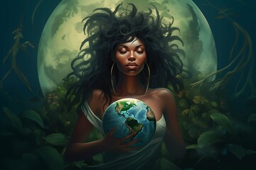 Mystical Earth Goddess with Celestial Backdrop - An Artistic Representation of Harmony and...