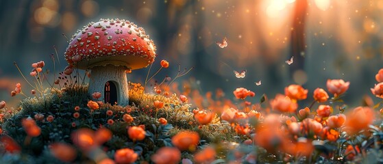 Fantasy elf or gnome mushroom house with window and flying butterflies in enchanted fairy tale garden, splendid fairytale pink rose flower field, shining morning sun light - obrazy, fototapety, plakaty