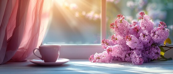 In the morning light, a soothing purple lilac blossom blooms in a teacup on the table and a curtain hangs on the wall, a romantic spring home decor, decorative vase with syringas, and space for - obrazy, fototapety, plakaty