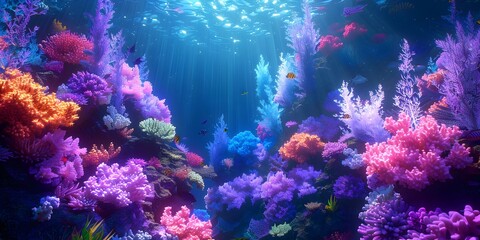 Naklejka na ściany i meble Neon Coral Oasis Vibrant Underwater Ecosystem Illuminated by Ethereal Glow