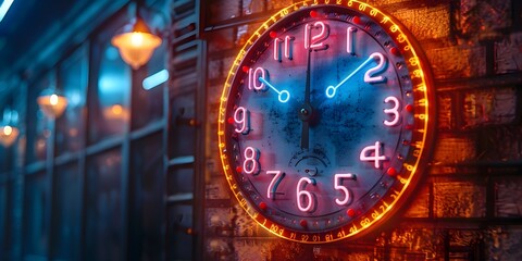 Obraz na płótnie Canvas Radiant Neon Clock Marking Midnight s Passage in Vibrant Urban Setting