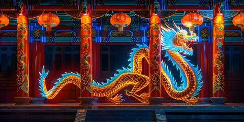 Neon Dragon Coiling Around Traditional Architectural Pillar Merging Mythology and Modernity