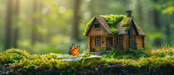 The image shows a wooden house model in green grass, a butterfly and ladybug on a leaf in a garden with trees, and a peacock butterfly on a leaf. The image illustrates the concept of buying or