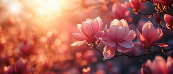 Pink magnolias flowering in blossom in a magical fairy tale springtime floral backdrop, lit by the sun and glowing, in a beautiful nature landscape, magnoliaceae blooming in the spring