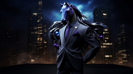 A horse stands tall in a full-length business suit against a dark, mysterious backdrop, embodying a unique blend of authority and elegance, Futuristic - obrazy, fototapety, plakaty